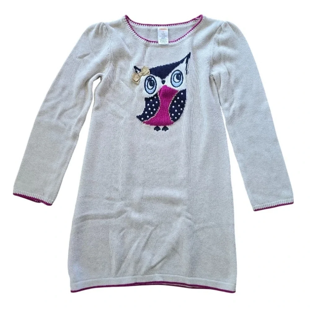 Gymboree Sweater Dress Girls‎ 10 Oatmeal Cream Owl Glitter Bow Whimsical School